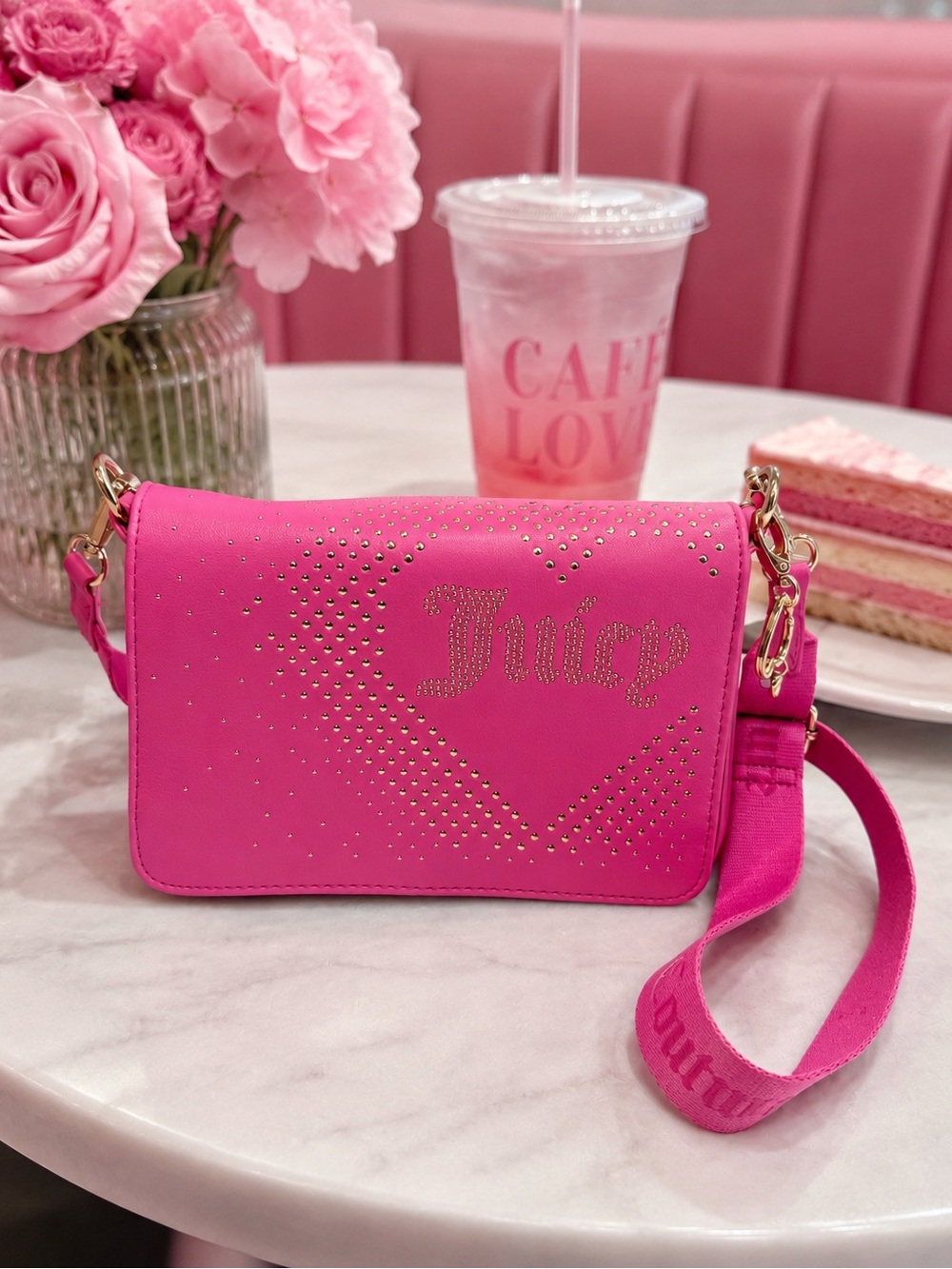 Juicy Couture Hot Pink Crossbody Purse Rhinestone Logo Studded Shoulder Bag Y2K